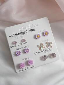 6 Pairs Elegant Minimalist Floral Colorful Bow Multi- Unique Stud Earrings For Women, Suitable For Daily Wear And Commuting - Mauve Purple - View 5