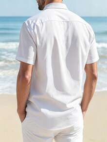 Goodbye Monotony! Men's Geometric Pattern Button-Front Beach Shirt, Bohemian Style Vacation - White - View 3