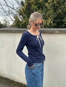 Summer Korean Style 2 In 1 Design Slimming Long Sleeve Women's Top - Navy Blue - View 5