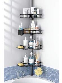 Corner Shower Caddy Tension Pole: 4 Tier Adjustable Rustproof Bathroom Organizer Shelves - Bathtub Shampoo Rack 31-124 Inch - Black - View 2
