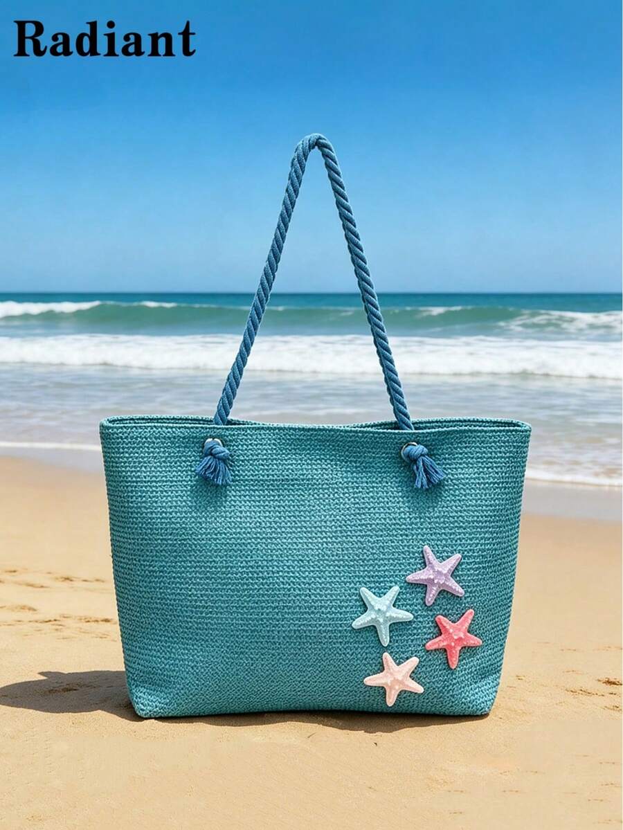 夏季沙灘包，草編大容量女款手提包，裝飾向日葵與海星，適合海邊度假、購物與約會