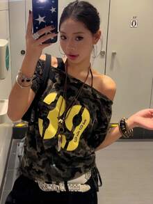 女款復古美式迷彩不對稱肩設計寬鬆休閒修身T恤，適合度假夏季 - 綠色 - 查看 6