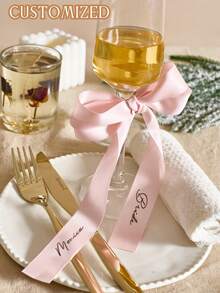 1pc Personalized Wedding Champagne Glass Decor, Vinyl Letter Ribbon, Customized Champagne Glass Ribbon, Ribbon Name Tag, Beverage Name Tag, Wedding Place Card, Customized Wedding Champagne Glass Bow - Multicolor - View 5