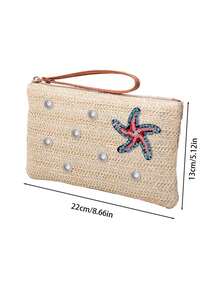 Beach Straw Woven Makeup Bag, Rhinestone Starfish And Pearl Decor, Women's Clutch, Summer Vacation Zipper Coin Purse, Bohemian Style Wrist Bag, Portable Makeup Bag, Woven Wrist Bag, Tropical Style Bag, Suitable For Travel, Beach Vacation, Outings, School, Daily Use, Unique Birthday Gift, Holiday Gift, Party Gift, Vacation Gift, Back To School Gift, Teacher Gift - Multicolor - View 11