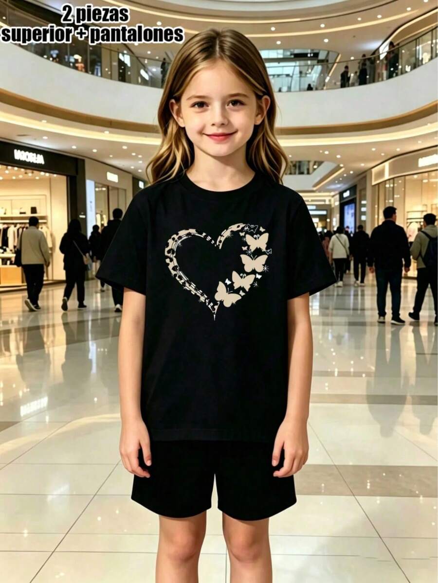 2-Piece Set For Girls: Heart And Butterfly Print T-Shirt + Shorts Boys' T-Shirts White T-Shirt For Boys Girls' Sets Boys' Set Youthful Dress For Teens KHO6 - 黑色 - 查看 1