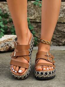 2025 New Women's Fashion Minimalist Comfortable Personalized Simple Black Fabric Thick Bottom Platform Sandals - Brown - View 3