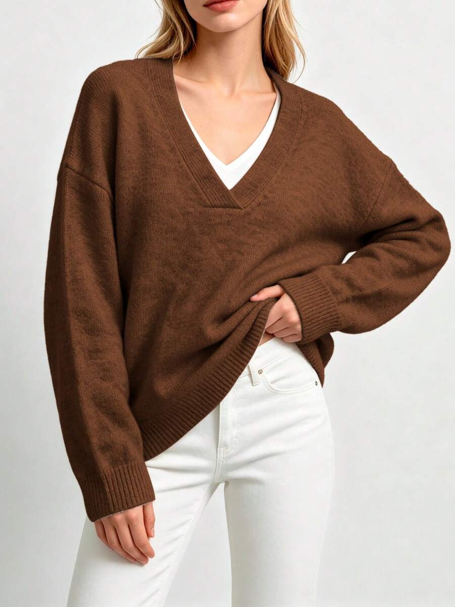 Plus Size Women's Essential V-Neck Long Sleeve Sweater - Must-Have Autumn/Winter Wardrobe Item - Coffee Brown - View 1