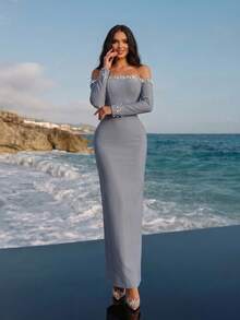 Sexy Long Gown Sleeve Off-Shoulder Heavy Pearl & Rhinestone Embellished Fitted Long Bandage Elegant Wedding Bridesmaid Birthday Party Prom Formal Fall - Grey - View 5