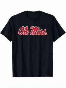 Plus-Size Men's Retro "Ole Miss" T-Shirt, Featuring Striking Red And White Lettering With The Iconic "Ole Miss" Logo. Comfortable For All Seasons, Machine Washable, Perfect For Alumni Fans And Supporters. Regular Crew Neck Fit, Iconic Font Design, Retro Style, Suitable For Adults, Unisex, Year-Round Comfort, Ideal For Game Days And Casual Outings. Black, Plus-Size Men's Sizes L-3XL 4XL 5XL. ZIMP - Black - View 2