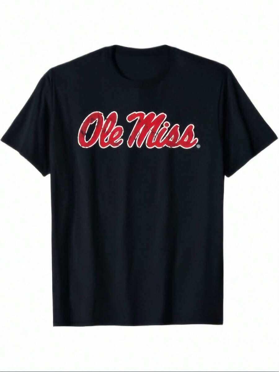 Plus-Size Men's Retro "Ole Miss" T-Shirt, Featuring Striking Red And White Lettering With The Iconic "Ole Miss" Logo. Comfortable For All Seasons, Machine Washable, Perfect For Alumni Fans And Supporters. Regular Crew Neck Fit, Iconic Font Design, Retro Style, Suitable For Adults, Unisex, Year-Round Comfort, Ideal For Game Days And Casual Outings. Black, Plus-Size Men's Sizes L-3XL 4XL 5XL. ZIMP