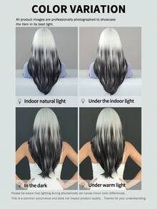 7JHH WIGS 女款黑色漸層銀色長層次瀏海假髮 24英吋 柔軟耐熱纖維 全機製合成直髮 派對 Cosplay 萬聖節音樂節穿戴造型假髮 - 銀色 - 查看 9