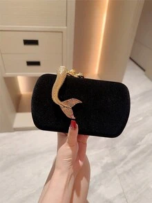 1 Peça Bolsa Clutch de Decoração Sereia Metálica Brilhante de Design de Alto Padrão, Bolsa Mini Feminina de Caixa Dourada Vintage Luxuosa e Cintilante, Elegante, Charmosa, Requintada, Bolsa de Festa da Noite para Casamento/Festa Formal com Tema/Baile/Festa de Coquetel/Festa de Aniversário, Acompanha Corrente - Preto - Visão 8