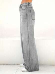 Vintage Washed Denim Wide Leg Pants, Slimming Fit For Women - Light Grey - View 3