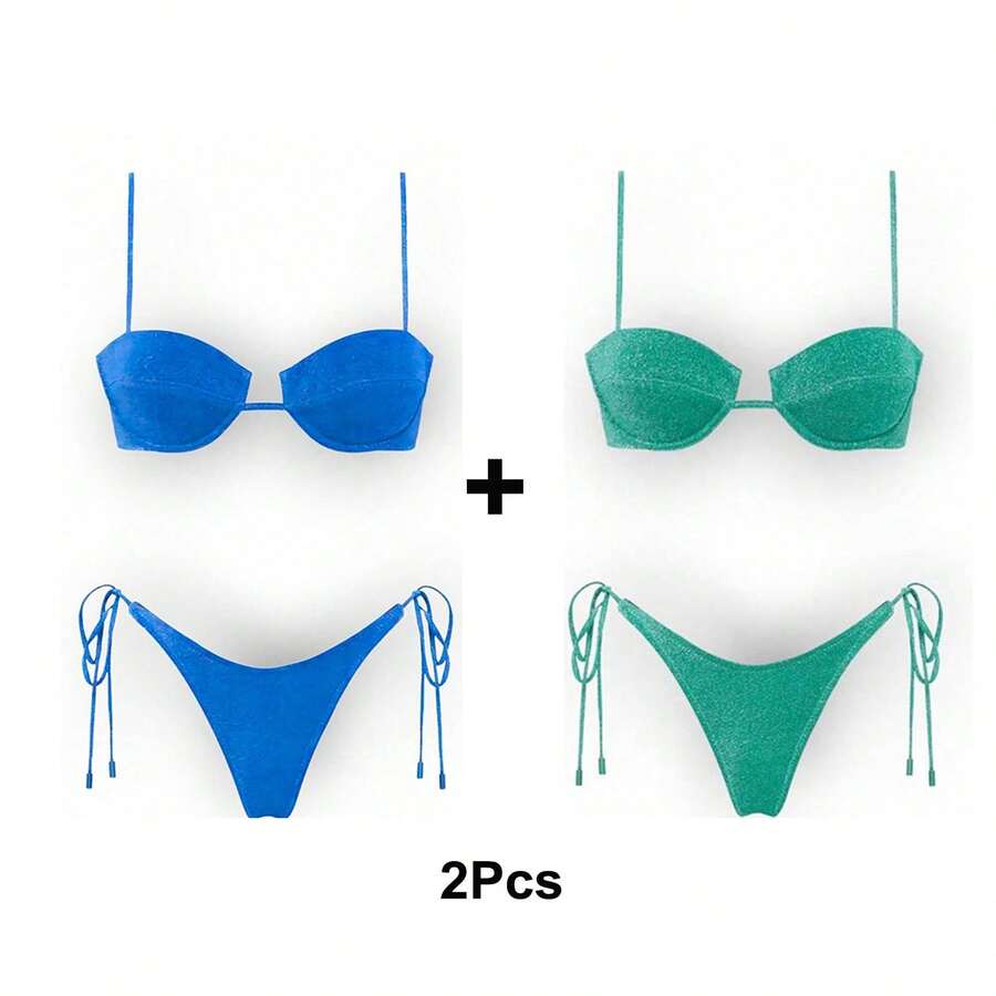 Women's Glossy String Bikini Set Soild Swimsuit Women's Fashion Bikini Green Halter Sport Swimsuit Beach Vacation Low Cut Shiny - 藍+綠 - 查看 1