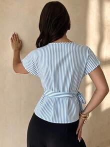 Buzzelle 1pc Striped Polyester Asymmetric/Asymmetrical Front Tie Bow Women's Blouse, Office Vacation Home Daily Summer - Baby Blue - View 4