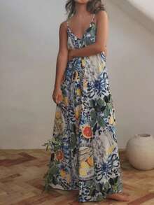 Vestido largo de tirantes con estampado mediterráneo, estilo vacacional - Azul - Ver 1