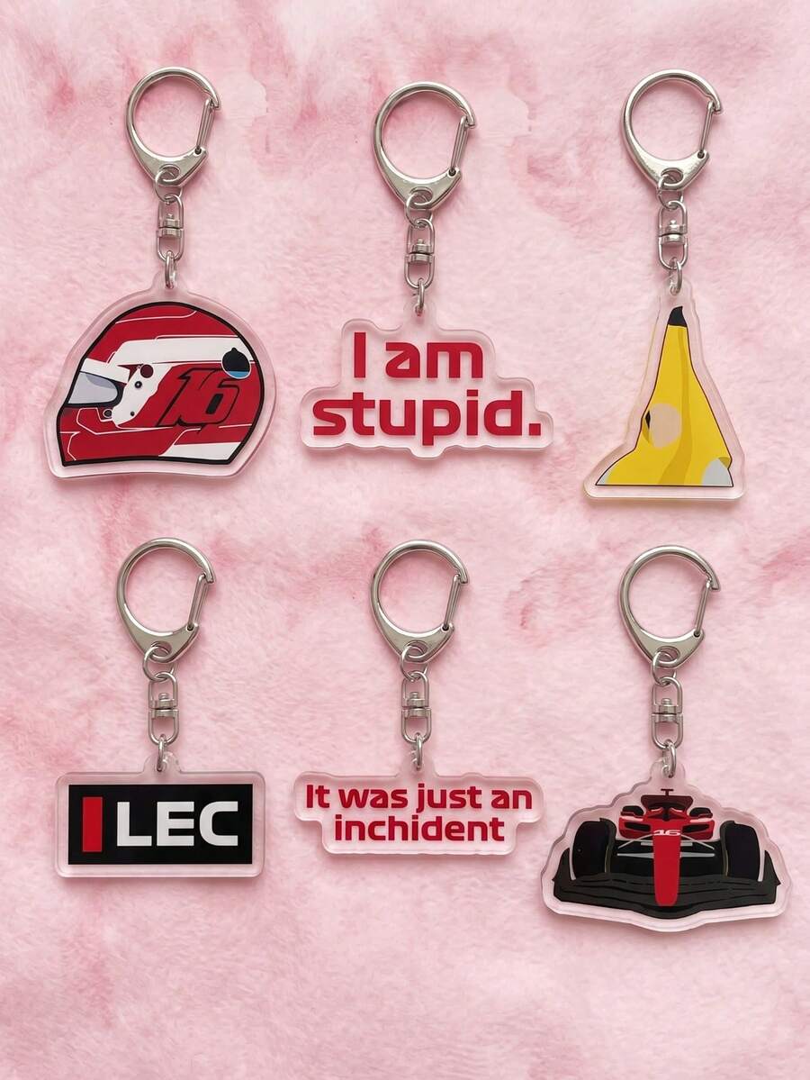 1pc/6pcs F1 Driver Lec Theme Acrylic Keychain, Featuring LEC Logo, #16 Helmet, Classic Radio Quotes, Banana And Racing Car Pattern, Minimalist Style, High Transparency Acrylic Material, Asymmetrical Silhouette, High Definition Print With D-Ring, Fashionable Multi-Functional Bag Charm And Racing Merchandise, Suitable For Back To School, Racing Fan Gatherings, Race Support, Daily Wear And Gifts, All Seasons - Multicolor - View 1
