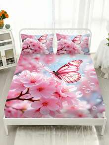 1PC Romantic Cherry Blossom Butterfly Fitted Sheet Mattress Protector Bed Sheet Soft Skin-Friendly Non-Slip Bedding Suitable For Twin/Full/Queen/King Size Bed, Machine Washable, Ideal For Bedroom Decor - Multicolor - View 4