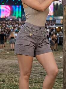 Casual Cargo Daily Women's Grey High Waist Cargo Shorts, Casual Solid Color Utility Mini Bottoms, Streetwear & Everyday Outfits - 灰色 - 查看 9