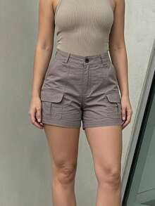 Casual Cargo Daily Women's Grey High Waist Cargo Shorts, Casual Solid Color Utility Mini Bottoms, Streetwear & Everyday Outfits - 灰色 - 查看 6