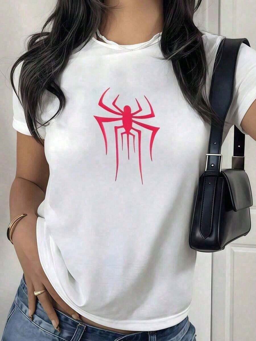 Women's Short Sleeve T-Shirt, Fitted Red Spider Graphic Y2K Style Gothic Superhero Comic, Black Casual Short Sleeve 100% Cotton - 白色 - 查看 1