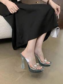French Luxury Rhinestone Embellished High Heel Sandals, Transparent Strap Square Toe Thick Sole Platform Shoes, Fairy Style Outdoor Wear - Silver - View 3