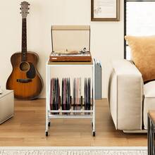 Rolling Record Player Stand Mobile Vinyl Display Shelf Turntable Stand With Magazine Holder Bag - Khaki - View 5