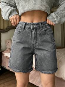 HAPPY GIRL#Versatile Casual Fashion Leg-Lengthening Simple Frayed Hem Student College Style Women's Denim Knee Length Shorts - Grey - View 1