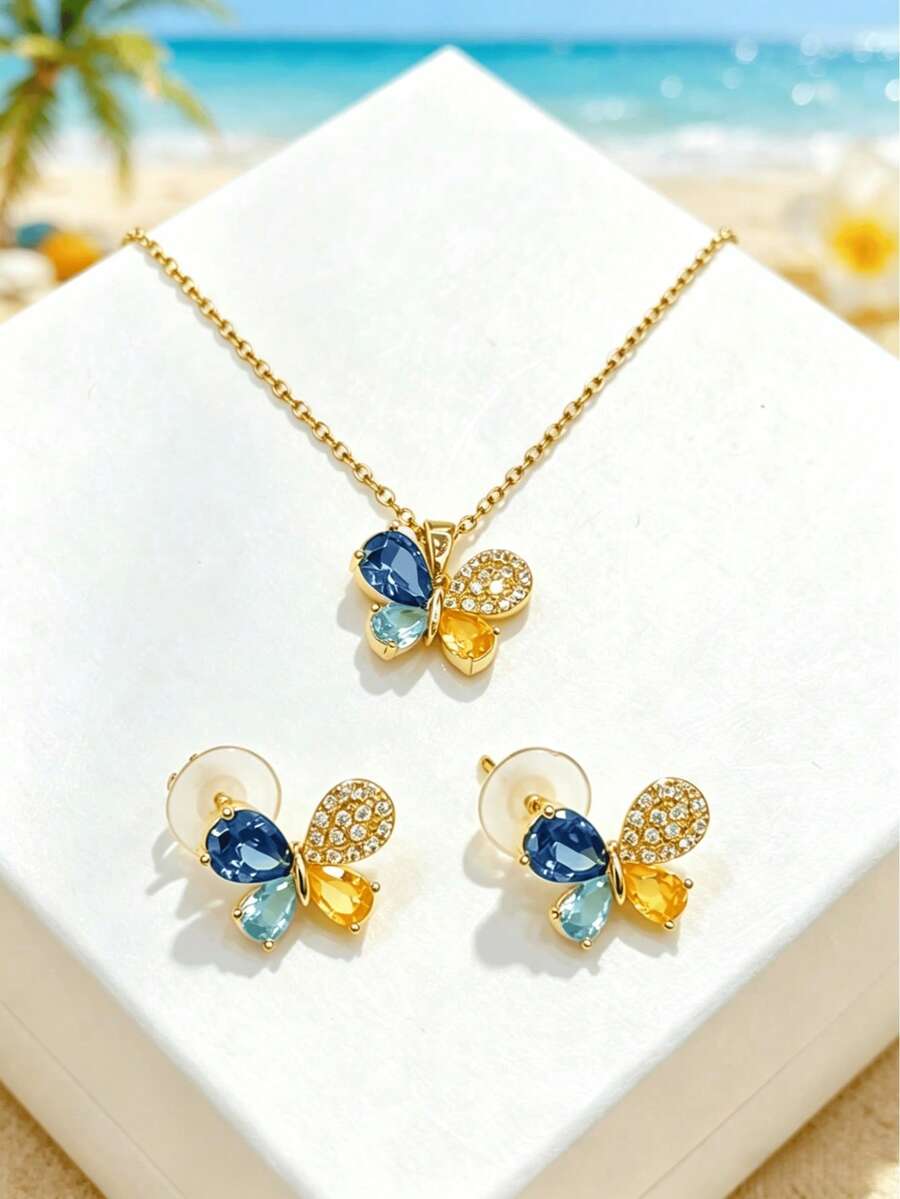 1套不鏽鋼鏈條蝴蝶吊墜時尚項鍊與耳環珠寶，禮品飾品 - 金色蝴蝶 - 查看 1
