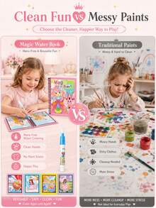 Refillable Water Pen Magic Water Painting Book, Reusable Princess Dream Theme Coloring Book, Paper And Plastic Material, Spiral Binding, Clean Drawing Activity Toy For Kids, Suitable For Travel, Birthday, Holiday Gifts - Multicolor - View 6