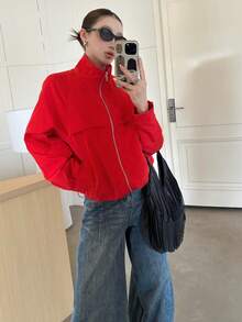 女款休閒短版夾克 紅色 時尚立領 通勤度假 學院風 寬鬆顯瘦 百搭外套 - 紅色 - 查看 9