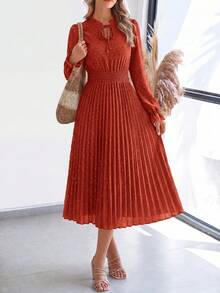 PRETTYGARDEN Women's Spring Fall Midi Dress Casual Long Sleeve V Neck Swiss Dot Pleated A Line Flowy Dresses New Years Party Valentine Vacation Dresses For Women - 磚紅色 - 查看 1