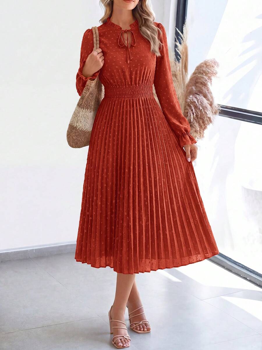 PRETTYGARDEN Women's Spring Fall Midi Dress Casual Long Sleeve V Neck Swiss Dot Pleated A Line Flowy Dresses New Years Party Valentine Vacation Dresses For Women - 磚紅色 - 查看 1