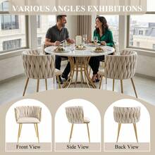 Modern Velvet Dining Chairs Set Of 2 Hand Weaving Accent Chairs Living Room Chairs Upholstered Side Chair With Golden Metal Legs For Dining Room Kitchen Vanity Living Room - Beige - View 8