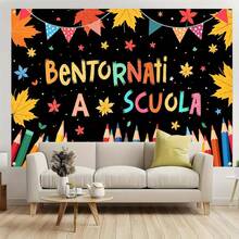 義大利返校橫幅「Bentornati A Scuola」學校派對裝飾背景布，鉛筆、彩色旗幟、楓葉裝飾，室內外庭院裝飾橫幅 - 5 - 查看 2