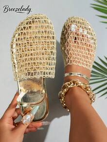 Breezelady Women's Gold Mesh Net Flat Sandals, Closed-Toe Slip-Ons With Ankle Strap, Breathable & Glamorous For Summer Events. - 金色 - 查看 3
