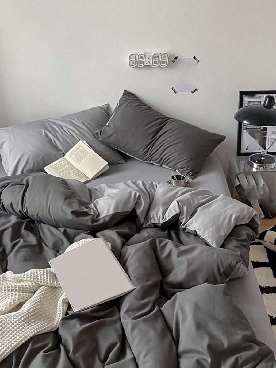 New Solid Color Dual-Tone Nordic Style Minimalist Polyester Fiber 3 PiecesDuvet Cover Set - Dark Grey - View 1