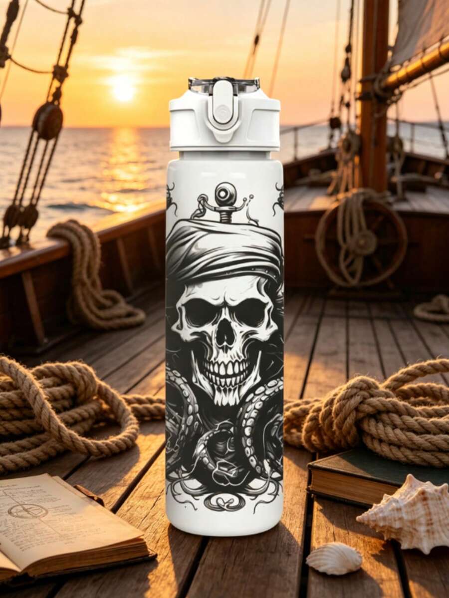 1 Stück/5 Stücke 750ml/26oz Kunststoff Sport Wasserflasche, dunkles Piraten-Totenkopf-Oktopus-Anker-Muster, auslaufsicherer Pop-Up-Deckel, cooler Muster Wasserbecher, geeignet für Laufen, Fitness, Radfahren, Wandern, tolles Geschenk für Feiertage und Geburtstage, geeignet für Eiskaffee, Saft, Hafermilch, fotoliebende Schwestern, beste Freunde, Sommernutzung, Geburtstagsgeschenk für Freund/Freundin, Studenten, Feiertagsgeschenk, Paar-Becher - Verschiedenfarbig - Übersicht 1