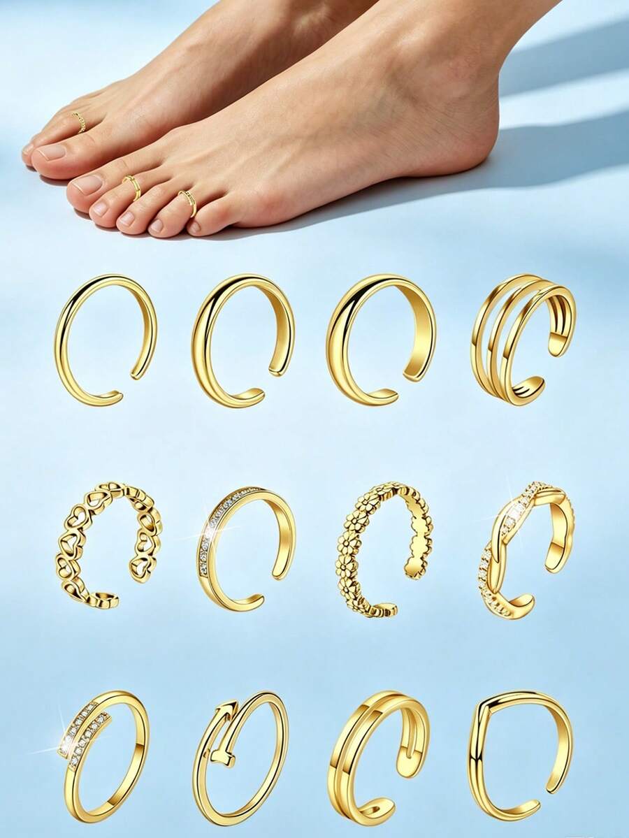 1 Pieza Anillos para los Dedos de los Pies para Mujeres Chapados en Oro de 18K Simples con CZ Banda Triple Abierta Anillos Ajustables para los Dedos de los Pies Joyería de Verano para la Playa para Mujeres y Hombres - Dorado - View 1