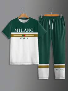 Men's Sports Breathable Comfortable 2-Piece Outfit, Premium Fabric Super Soft Comfortable Gradient Casual Crew Neck Short Sleeve Jogging Pants Set, Hot-Selling Set - Green - View 2