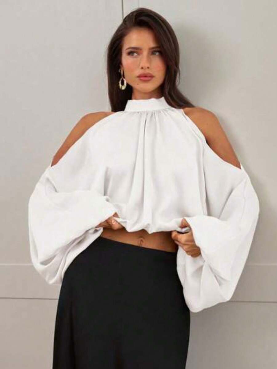 Blusa de satén de manga larga para mujer, color blanco lechoso y champán sólido, diseño de manga abullonada, elegante y sexy para fiestas, oto - Blanco - Ver 1