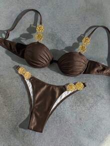 Bikinx 女款純色金色裝飾肩帶比基尼套裝，鋼圈式設計搭配後背繫帶，適合海灘度假夏季 - 棕色 - 查看 5