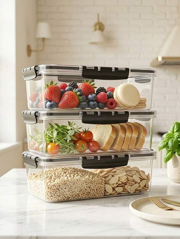 1/3Pcs Clear Fridge Organizer Bins, Airtight Food Storage Containers With Lids, Stackable Long Vegetable Produce Saver For Refrigerator, Pantry, Kitchen Organization, Leakproof Meal Prep Box