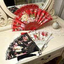 1件花卉印花蕾絲摺疊手扇附流蘇，復古優雅風格，便攜式夏季涼爽、婚禮、派對、Cosplay與旗袍配件 - 蕾絲牡丹折扇 - 查看 6