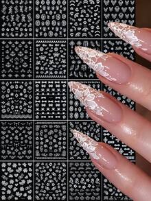 20pcs/Set White Floral Nail Stickers, Mini Flower Lace Vine Nail Decals, Bohemian Line Art Style Gothic Nail Art Supplies For Wedding/Holiday DIY Nail Charms Decorations - White - View 8