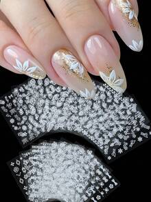 20pcs/Set White Floral Nail Stickers, Mini Flower Lace Vine Nail Decals, Bohemian Line Art Style Gothic Nail Art Supplies For Wedding/Holiday DIY Nail Charms Decorations - White - View 2