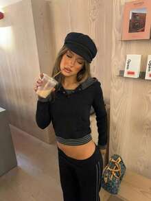 Spring/Autumn New Style College Style Color Block Striped Patchwork Button Hooded Long Sleeve Women's T-Shirt - Black - View 4