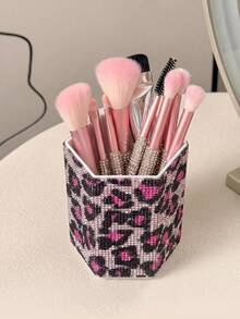 1pc Rhinestone Leopard Print Hexagonal Makeup Brush Holder, Large Capacity, Surface Embedded With Colorful Rhinestones, Luxurious Sparkling Style, Full Rhinestone Pattern, Hexagonal Column Shape, Neat Edge Details, Makeup Tool Container, Suitable For Bedroom Vanity, Makeup Room Desktop And Other Scenes - Multicolor - View 3