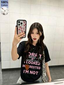 女款夏季時尚寬鬆圓領休閒簡約百搭字母印花短袖T恤黑色夏裝 - 黑色 - 查看 1