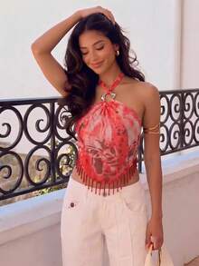 Atasan Wanita Tanpa Lengan dengan Leher Halter, Rumbai, Gesper Logam, dan Motif Cetak, Atasan Tank Tanpa Lengan Leher Halter Warna Merah untuk Musim Panas - Merah - View 3